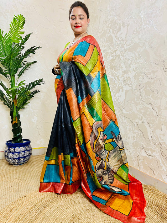 Premium Ghicha silk saree with Krishna inspired handpainted artwork multicolour saree