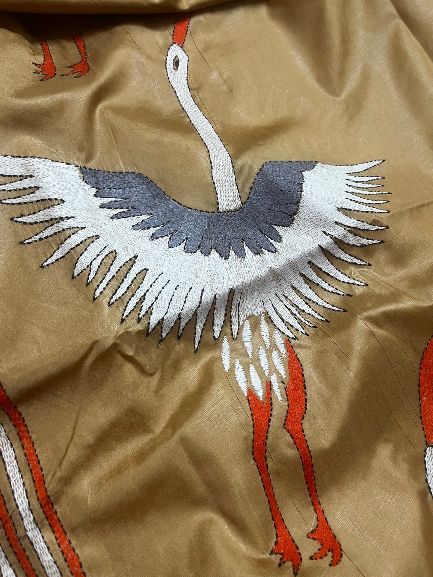 Full beige crane motif kantha stitch saree display with matching blouse piece