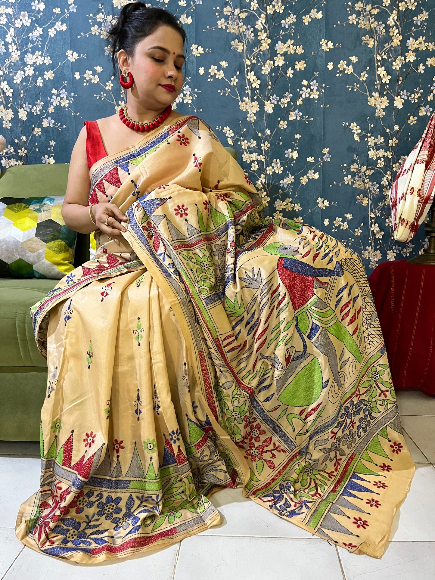 Soft texture of handwoven cotton-silk saree with dimensional embroidery