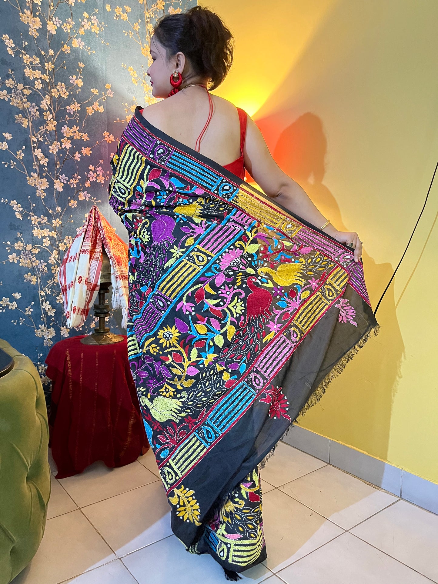 Soft drape and texture of handwoven kantha stitch Bangalore silk saree in black