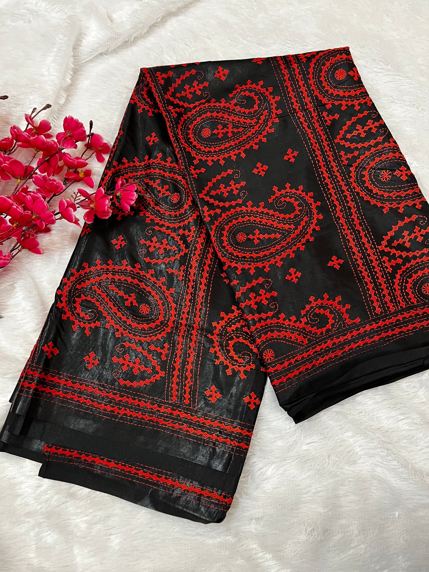 Black Kantha Stitch Saree with vibrant red paisley embroidery handcrafted by Desi Aadat artisans