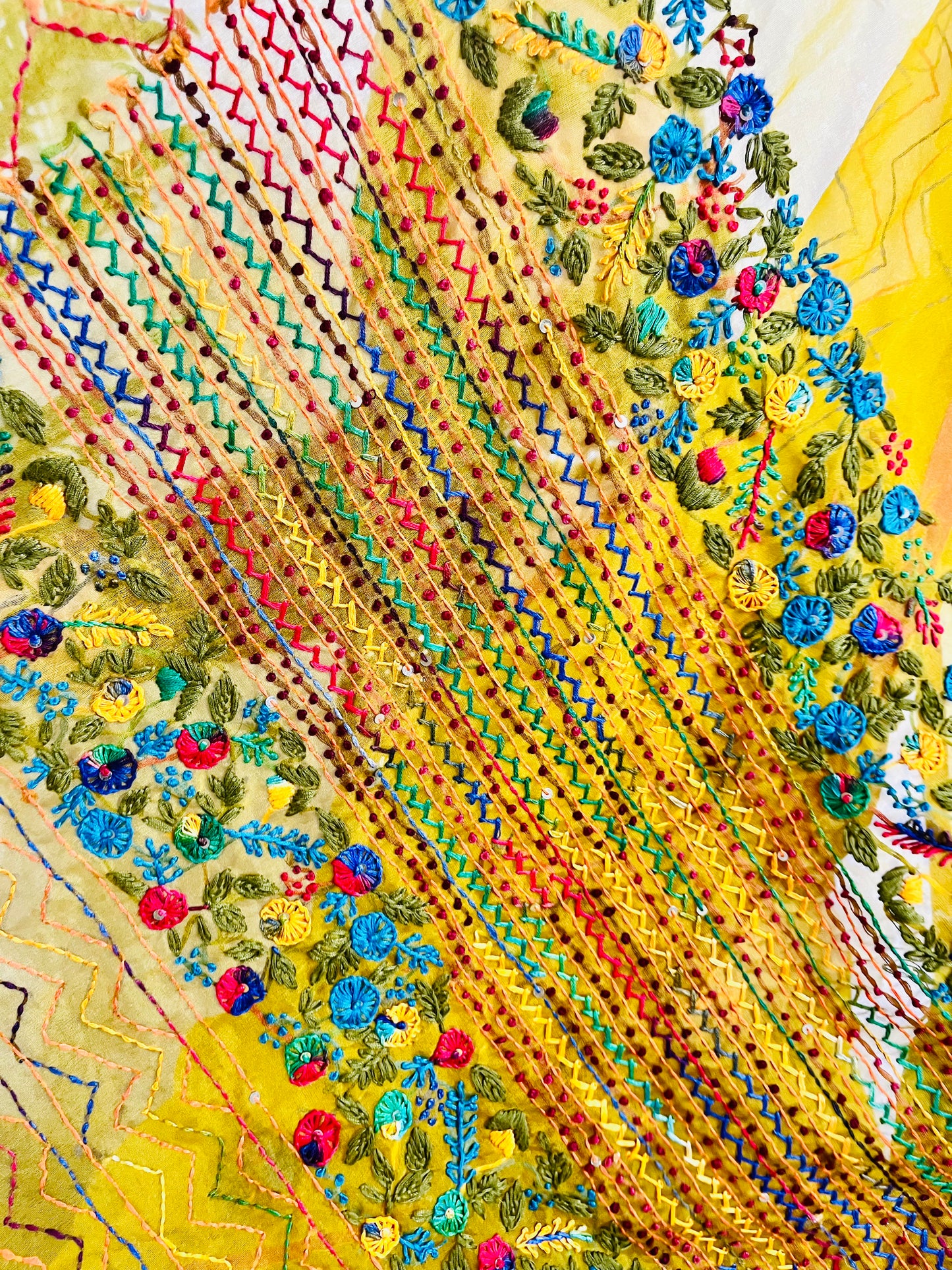 Close-up of Bullion Stitch florals and French knot embroidery on handcrafted mustard yellow pure organza silk saree — Desi Aadat