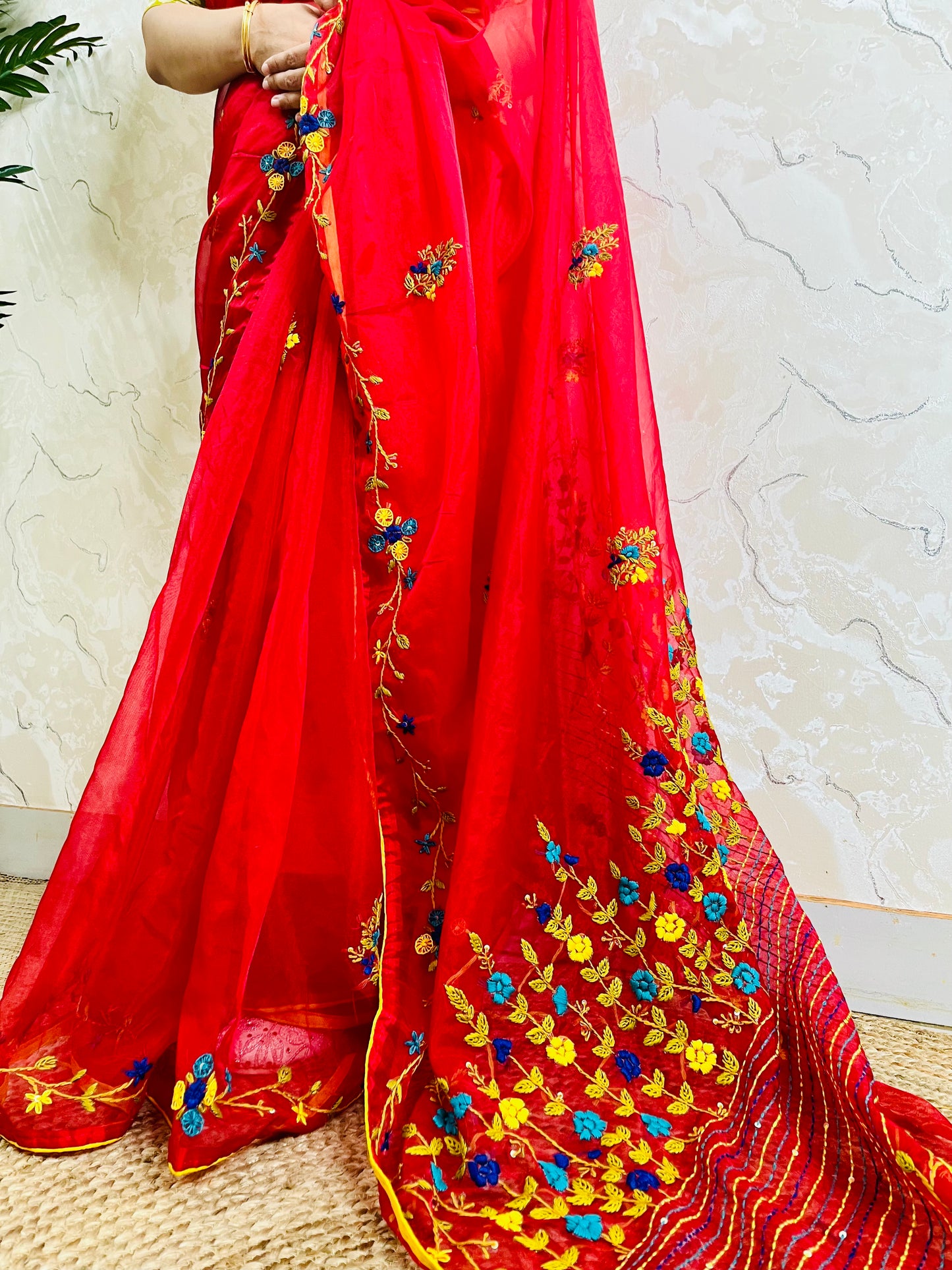 Bullion stitch and French knot hand embroidery on red pure organza silk saree — close-up detail, Desi Aadat