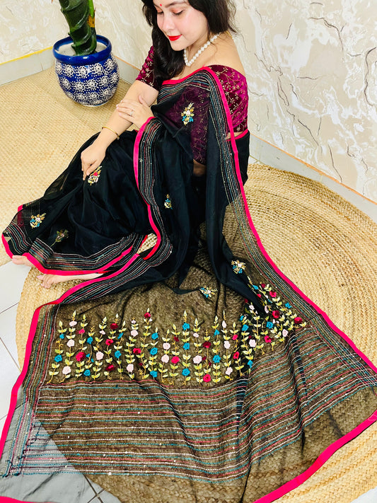 Beautiful women in saree - Black Organza Silk with colorful Bullion Stitch border for traditional saree look
