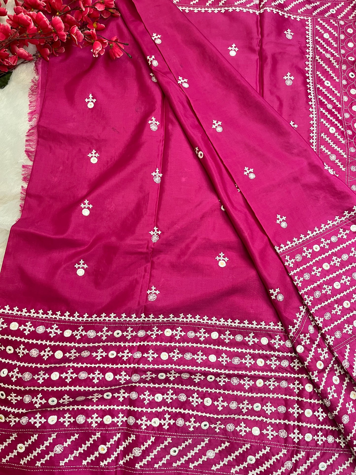 Detailed texture of handwoven Blended Bangalore Silk with raised embroidery and hand-set mirror craftsmanship