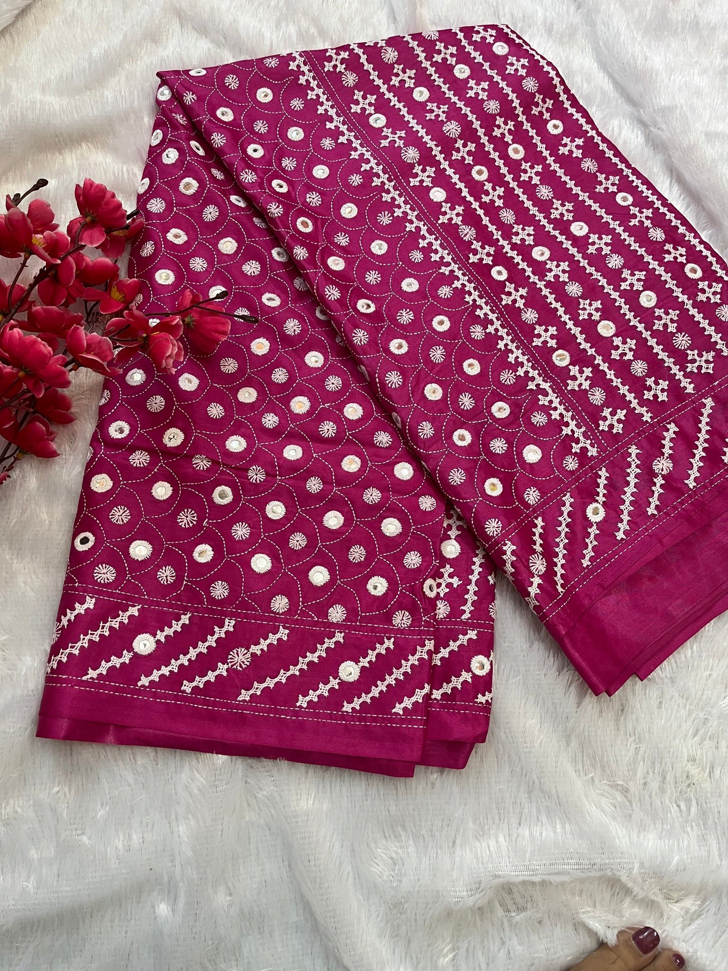 Burgundy Gujarati Stitch Saree with authentic Kutch hand embroidery and royal mirror work by Desi Aadat