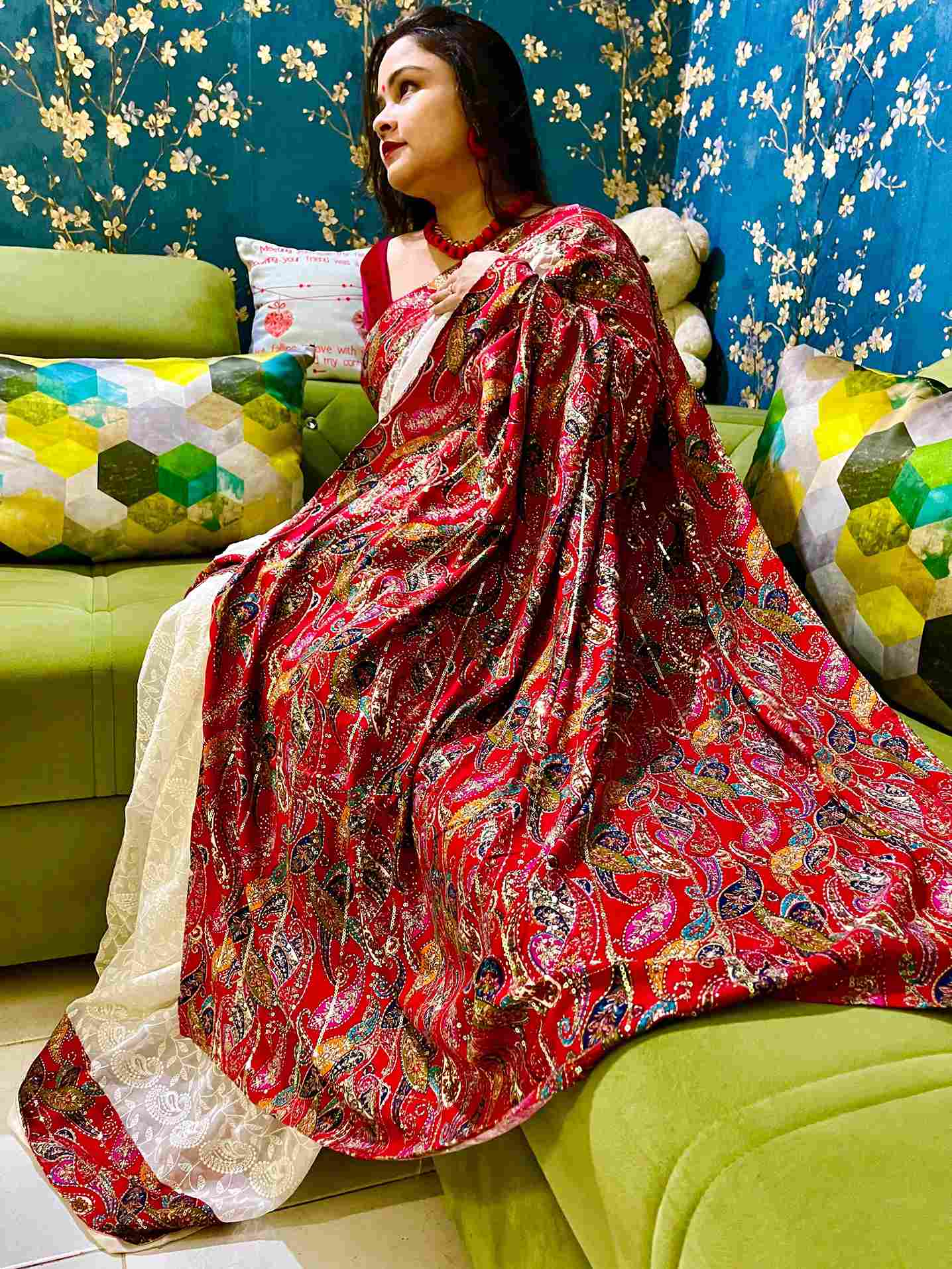 Stylish woman in Patola Chikankari georgette saree showcasing Desi Aadat’s design