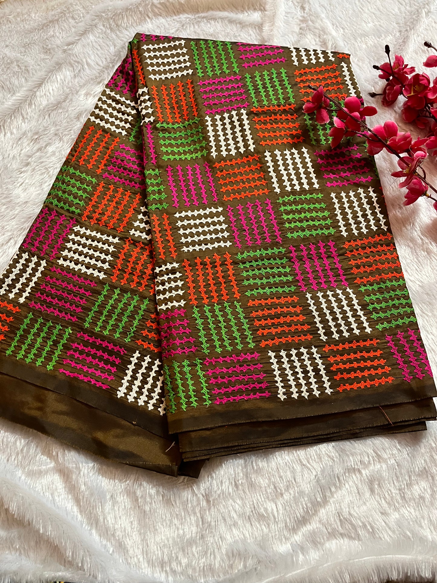 Coffee brown Kantha Stitch Saree with vibrant multicolor embroidery handcrafted by Desi Aadat artisans