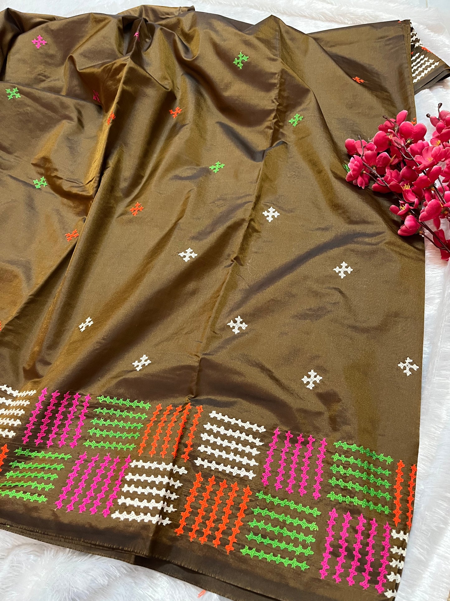 Matching coffee brown blouse piece with coordinating multicolor Kantha stitch details