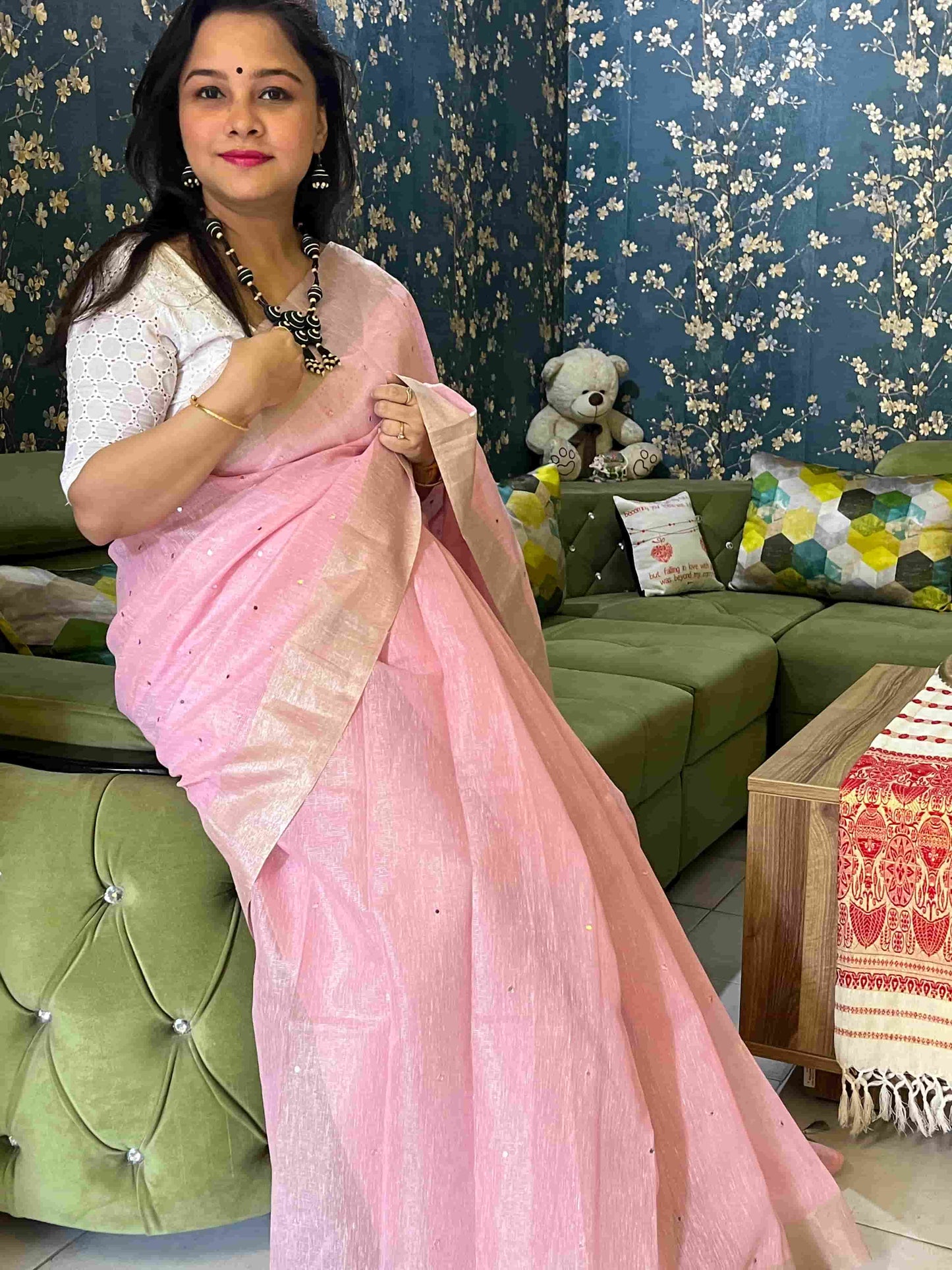 Baby Pink Cotton Tissue Kota Saree with mirror embroidery by Desi Aadat