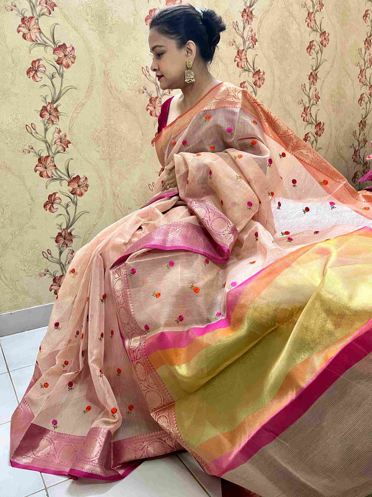 Pink Cotton Tissue Embroidery Saree by Desi Aadat