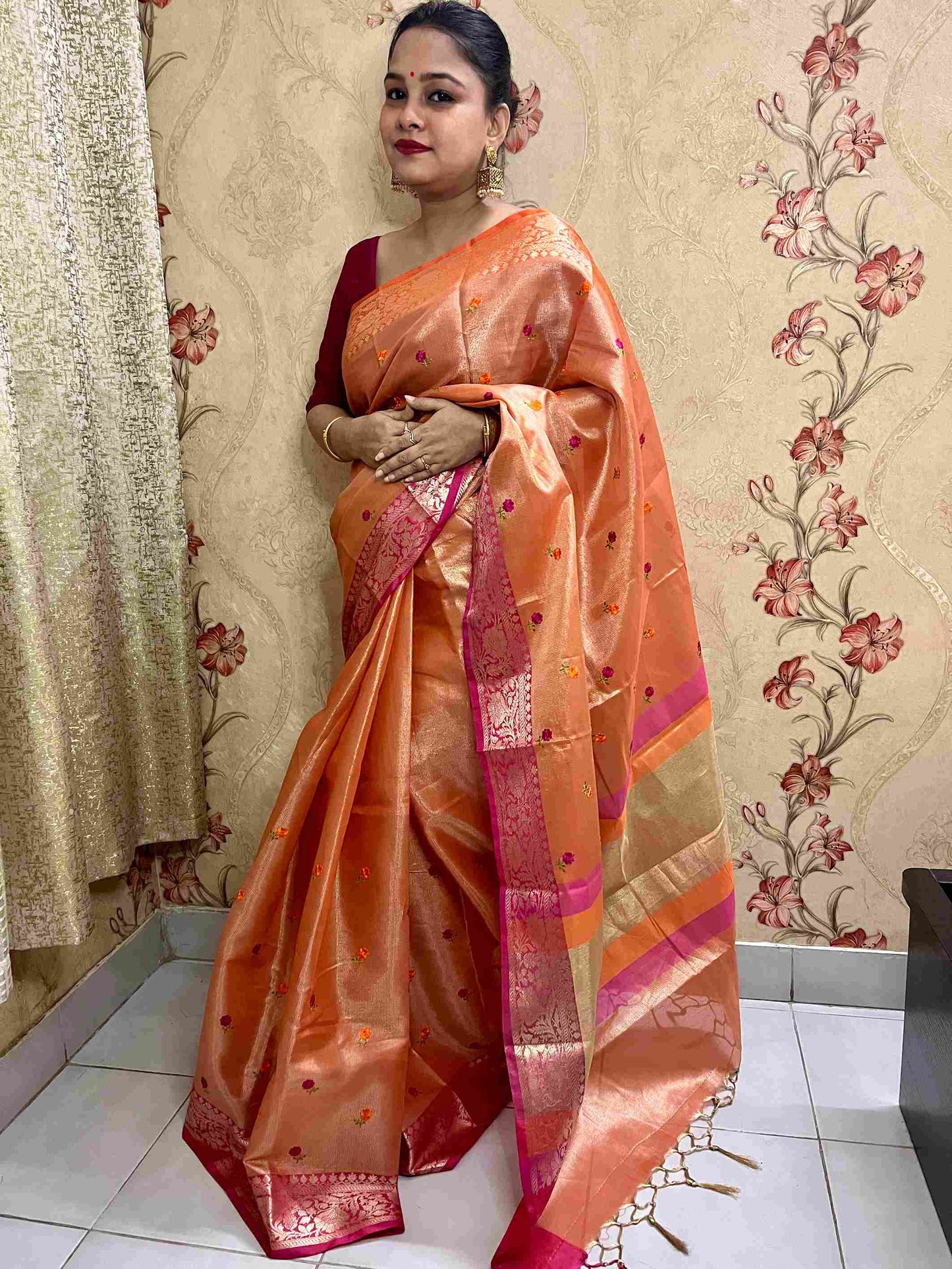 Orange Cotton Tissue Embroidery Saree by Desi Aadat