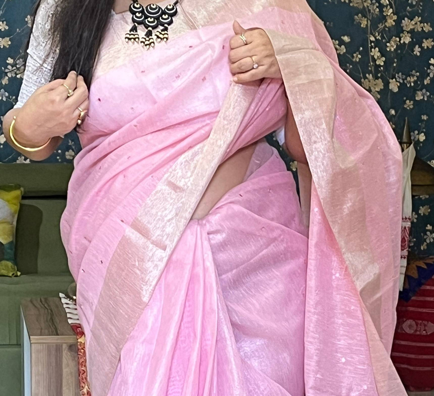 Close-up of mirror work on saree on Baby Pink kota saree cotton fabric