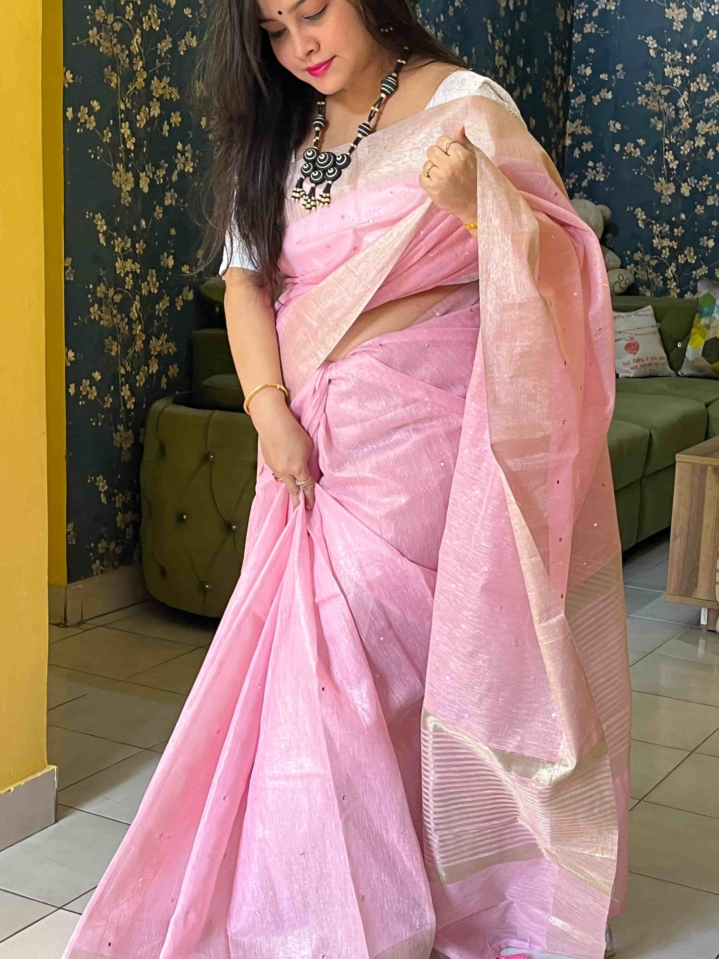 Baby Pink Cotton Tissue Kota Saree with mirror embroidery by Desi Aadat
