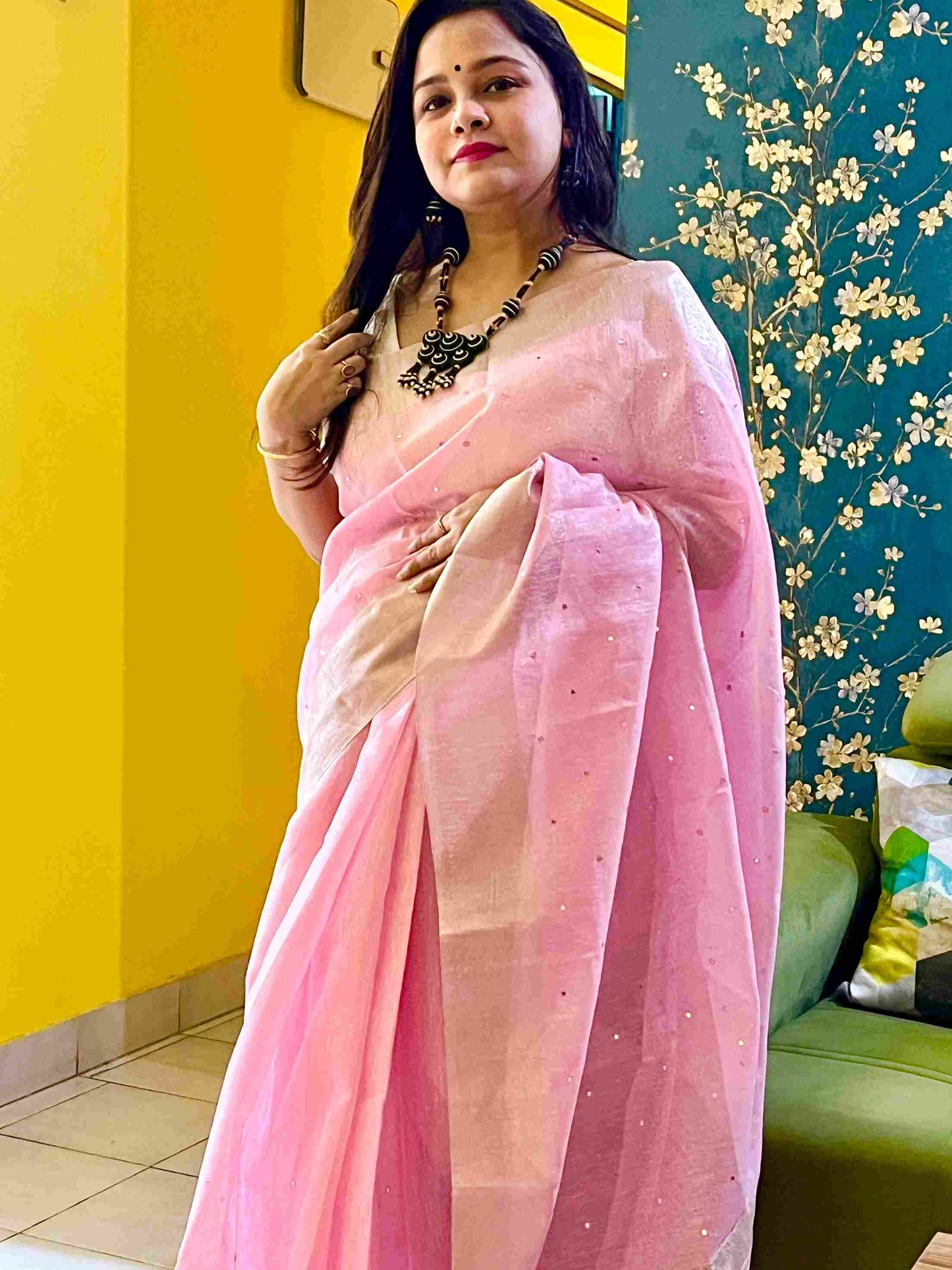 Baby Pink Cotton Tissue Kota Saree with mirror embroidery by Desi Aadat