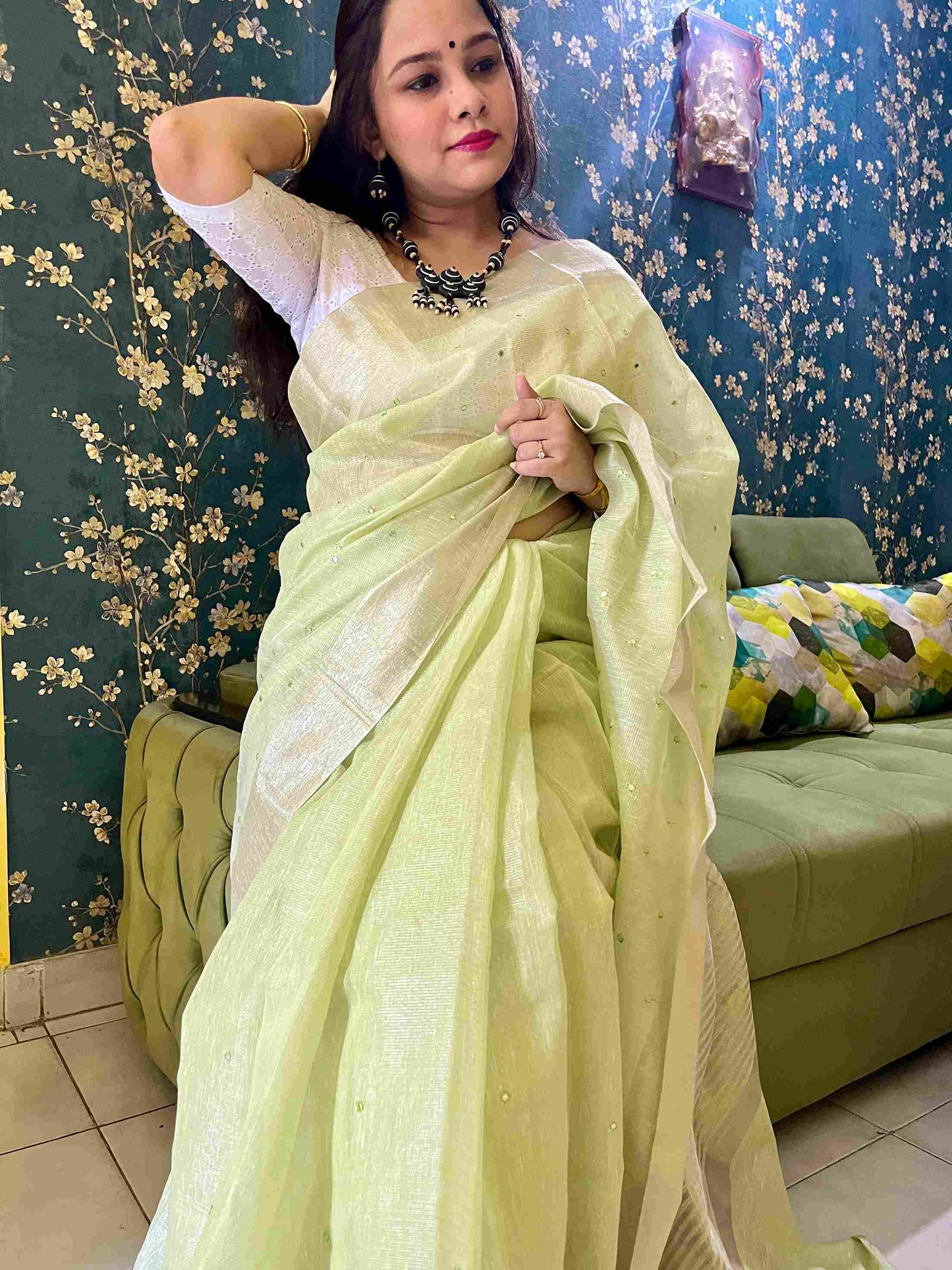 Pista Green Cotton Tissue Kota Saree with mirror embroidery by Desi Aadat