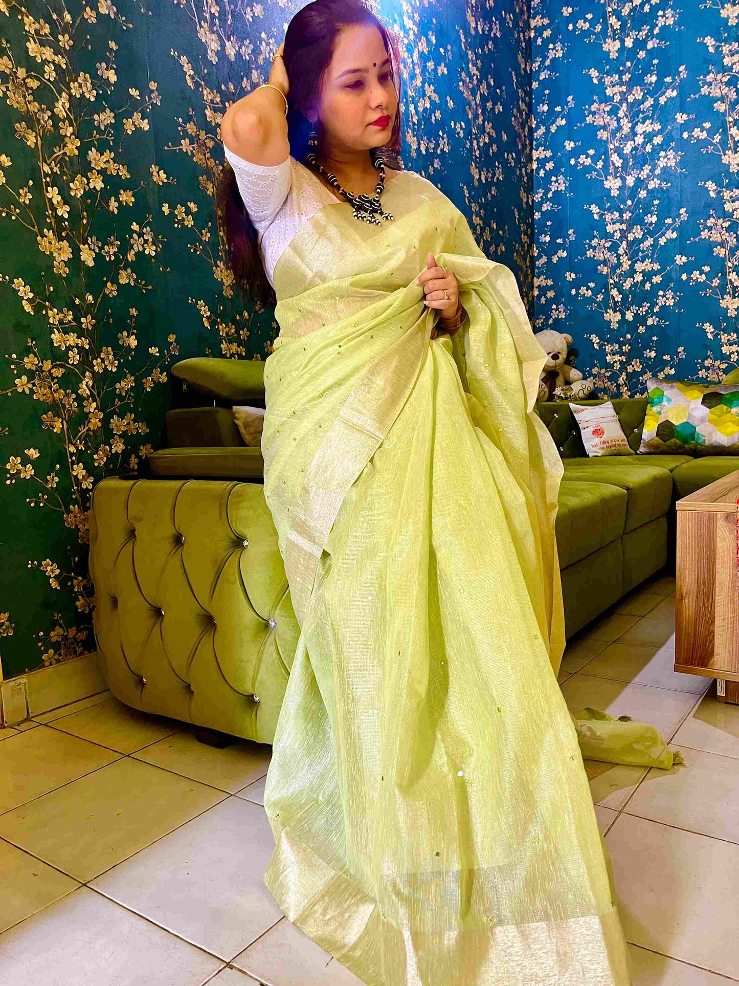 Pista Green Cotton Tissue Kota Saree with mirror embroidery by Desi Aadat