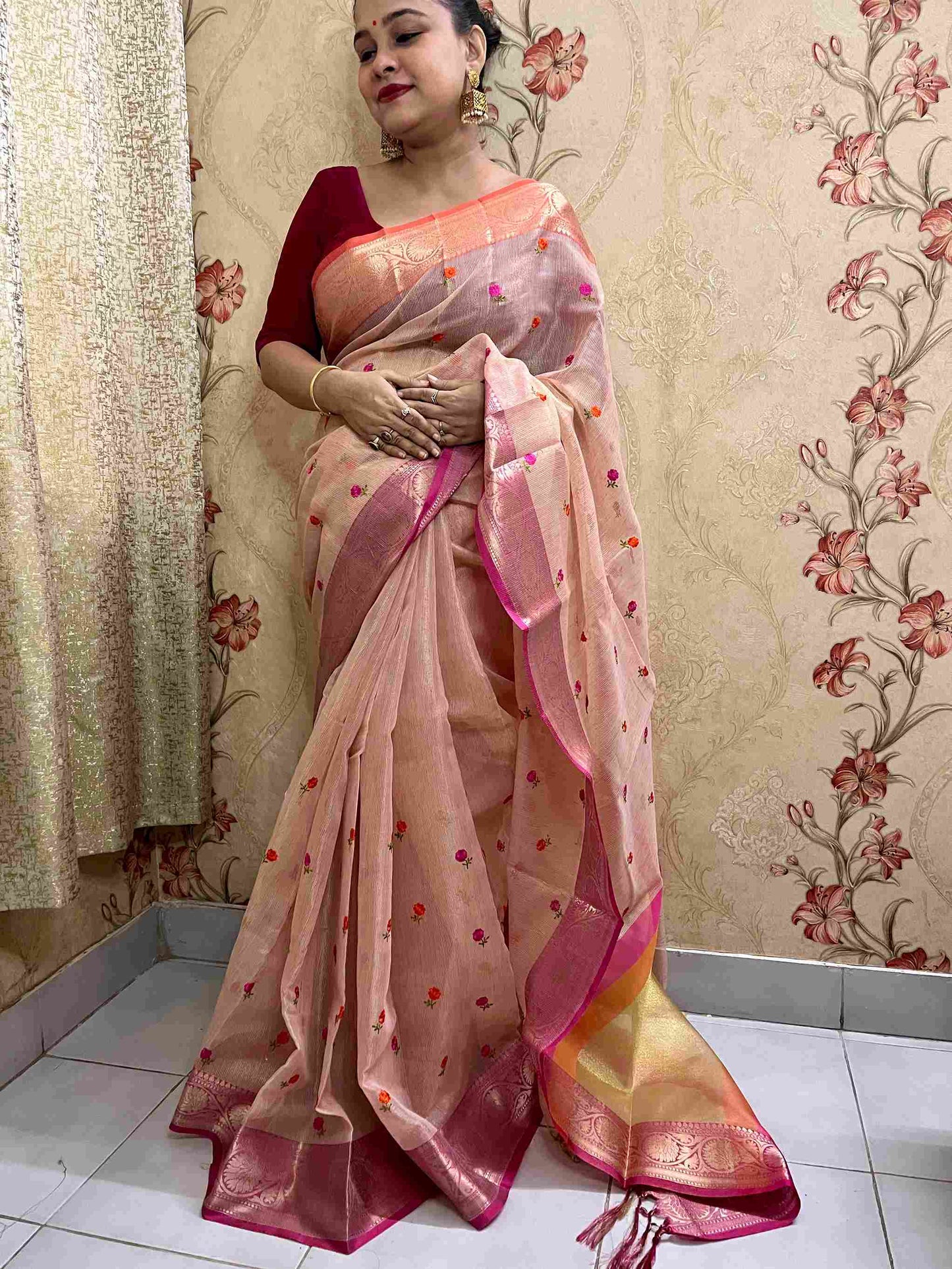 Pink Cotton Tissue Embroidery Saree by Desi Aadat