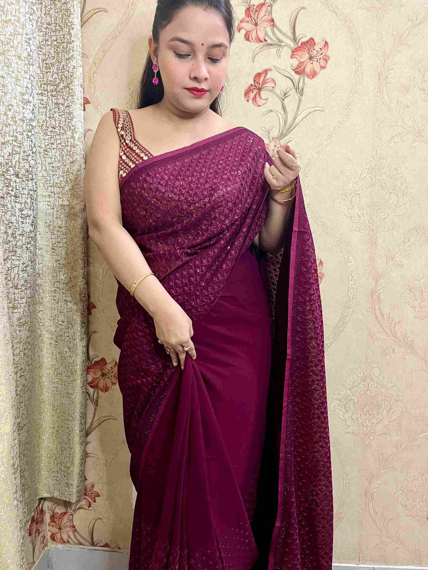 Maroon Sequence Georgette Saree by Desi Aadat - Full View
