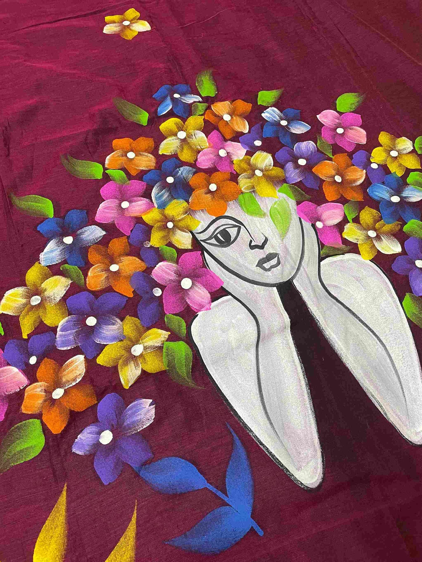 Hand-painted Doll design mul-cotton saree in Dark Maroon – A handcrafted heritage piece.