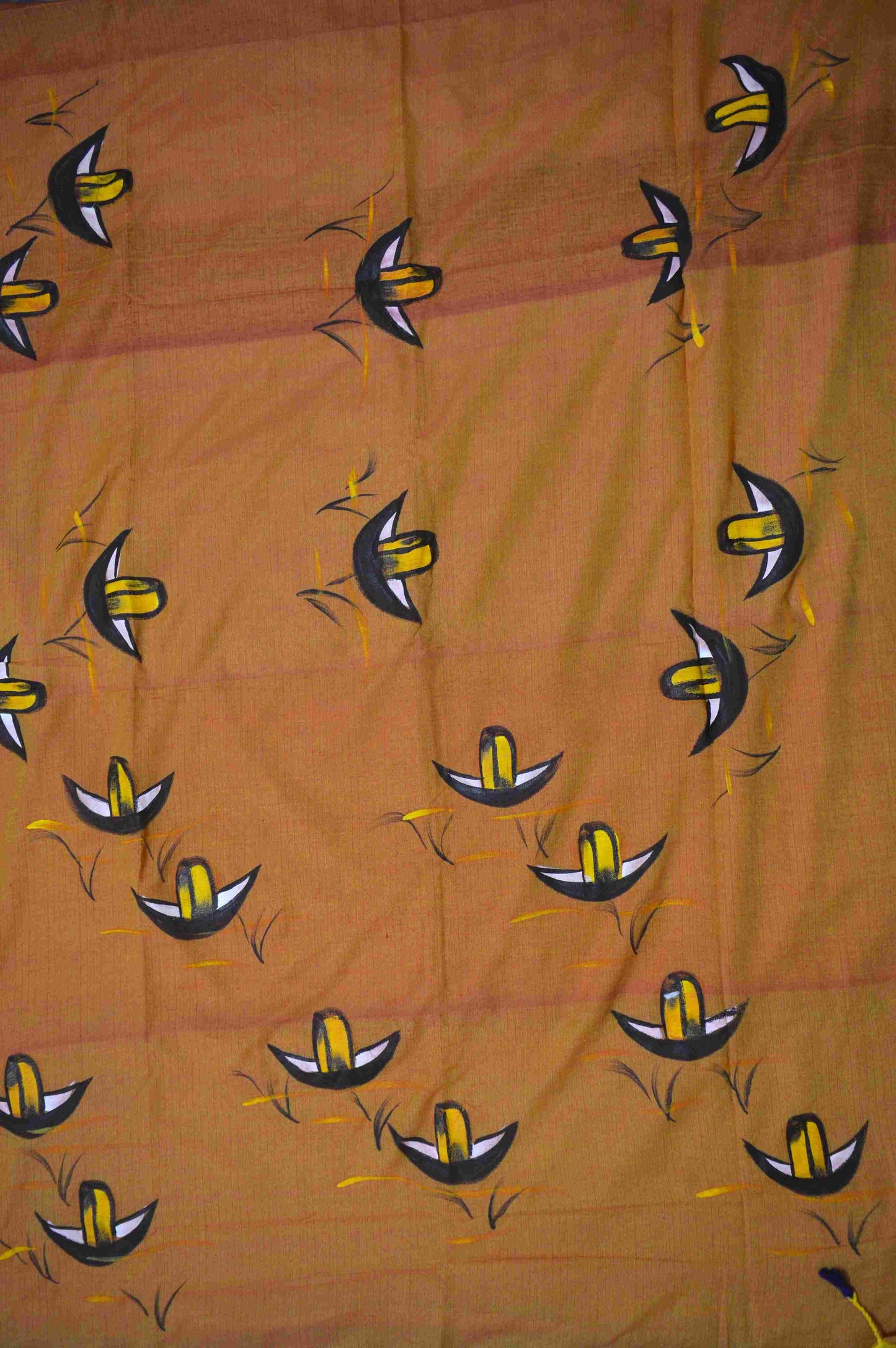 Yellowish Brown mul-cotton saree with hand-painted Nauko design – A limited-edition masterpiece.