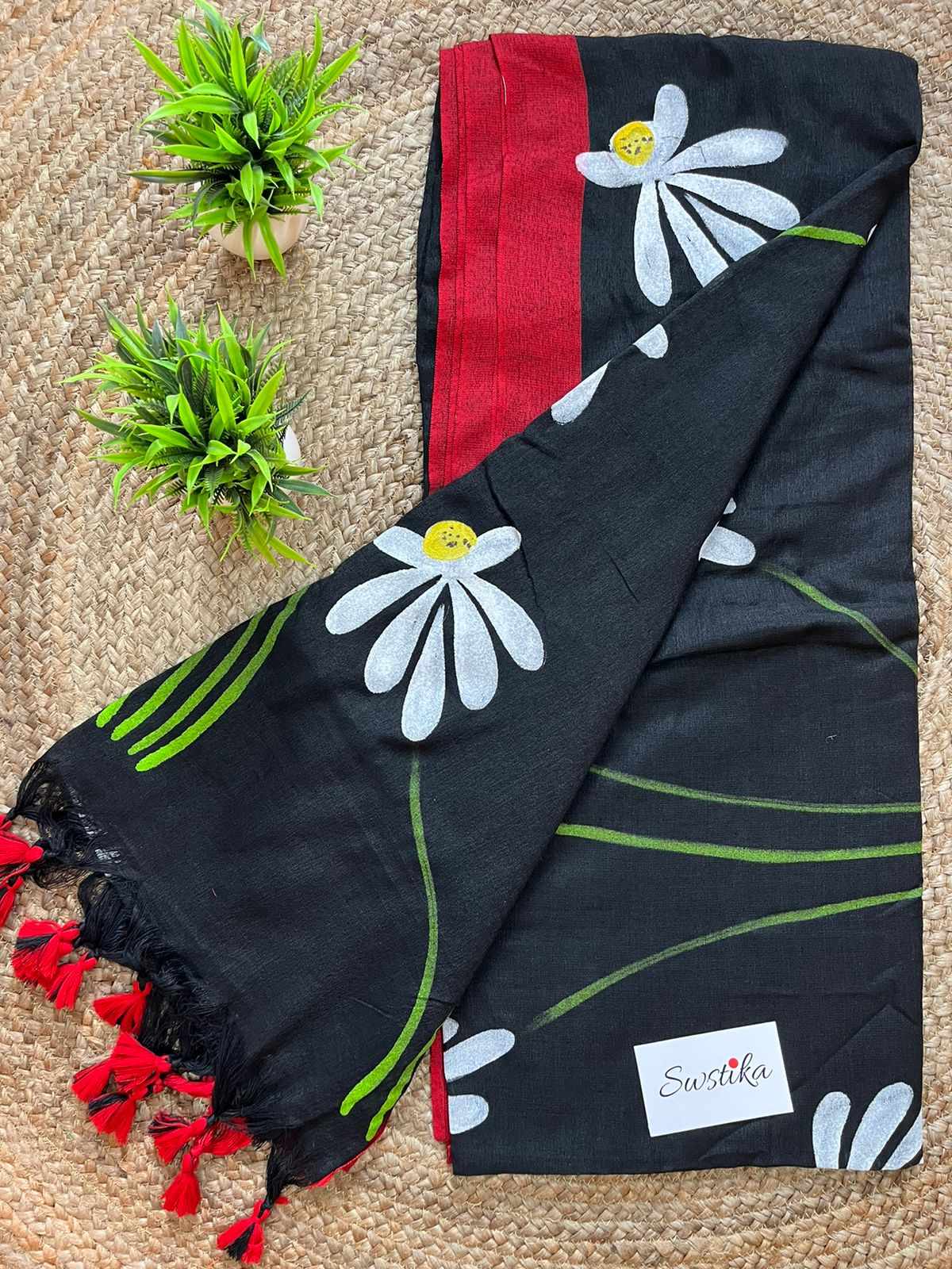 Hand-painted Shapla design mul-cotton saree in Black – A handcrafted saree for elegant women.
