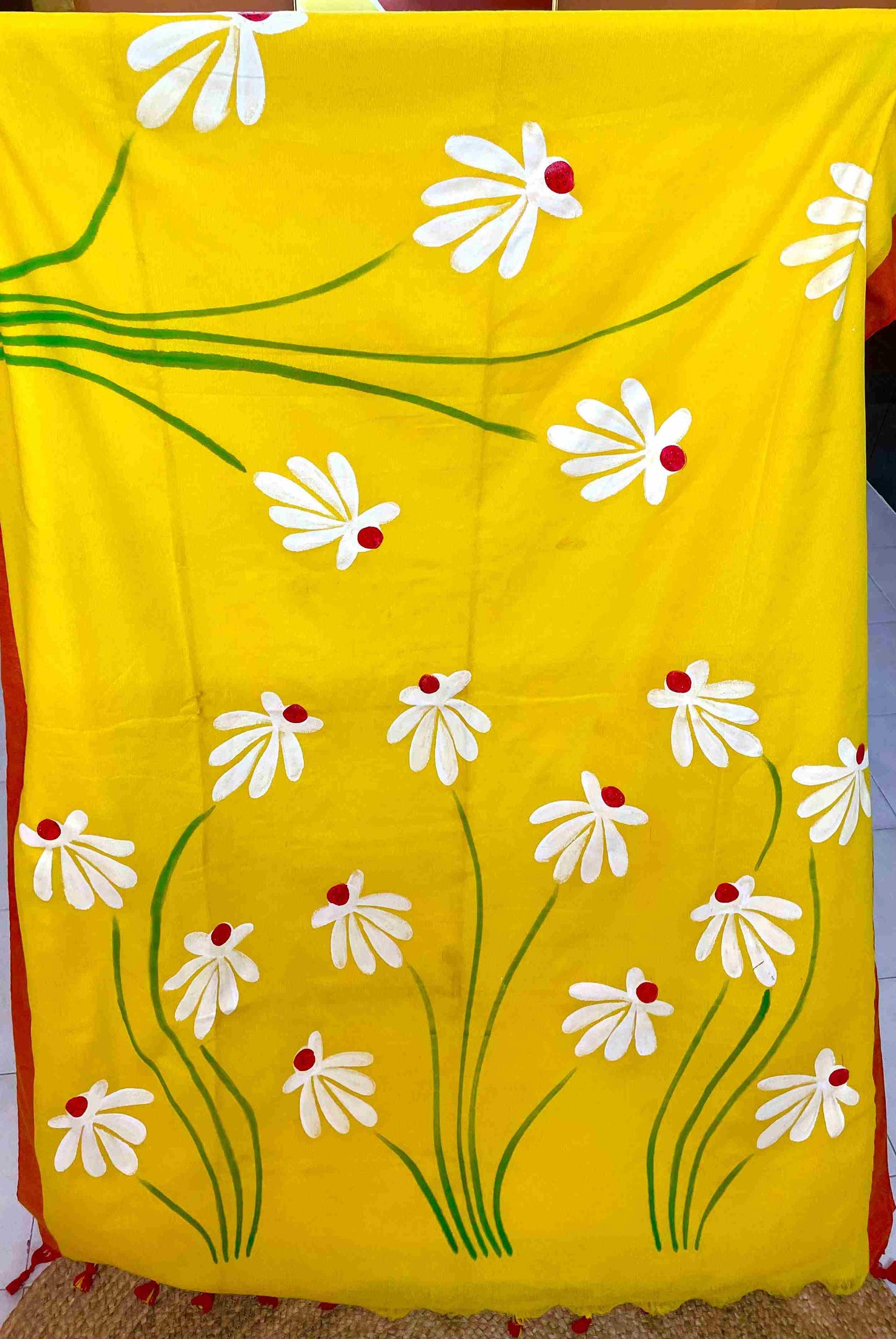 Bright Yellow mul-cotton saree with exquisite hand-painted Water Lily design – Limited edition.
