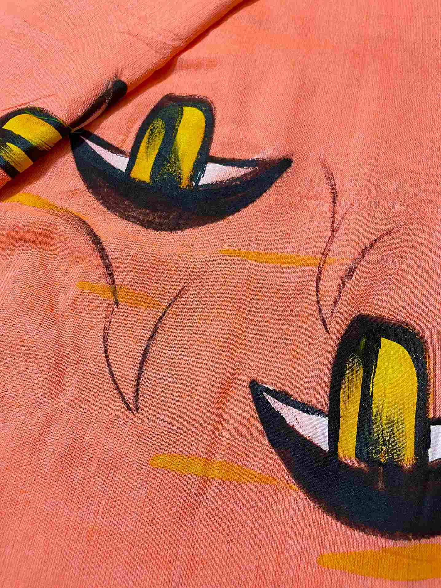 Fluorescent Peach Hand Painted Nauko Mul-Cotton Saree by Desi Aadat