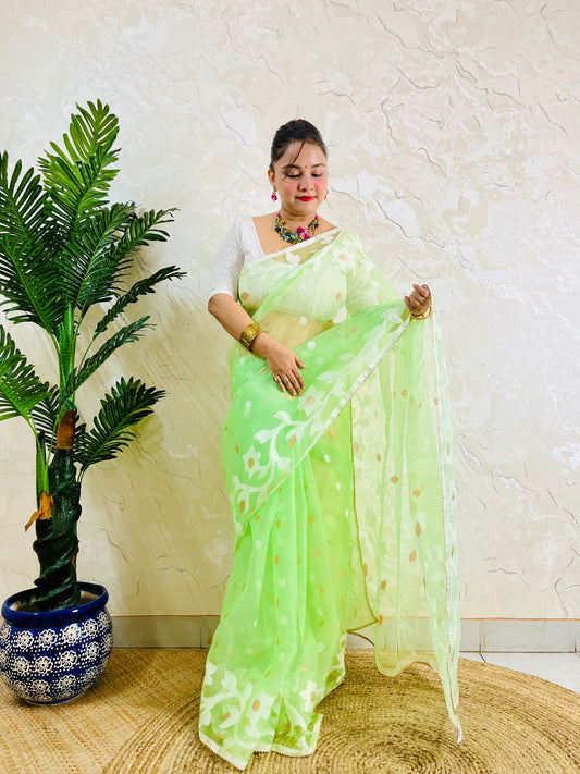 A woman wearing a light green saree with white floral patterns and a white blouse, standing in front of a textured beige wall next to a potted palm tree.