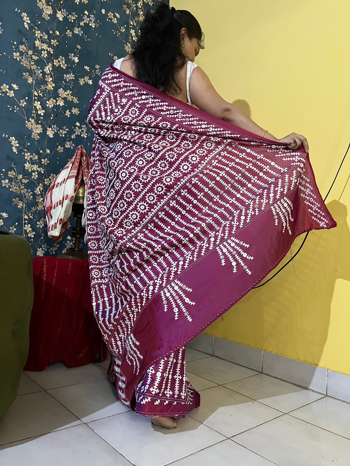 Wine Red Gujarati Stitch Saree Kutch Geometric Mirror Hand Embroidery | Desi Aadat