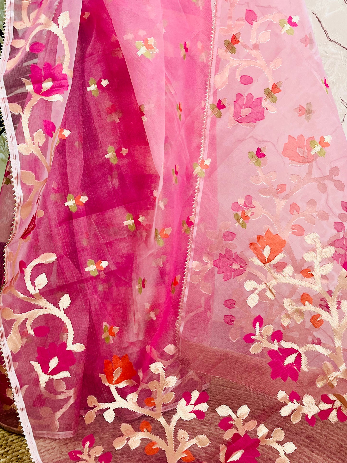 Baby Pink Resham Silk Muslin Handloom Jamdani Saree