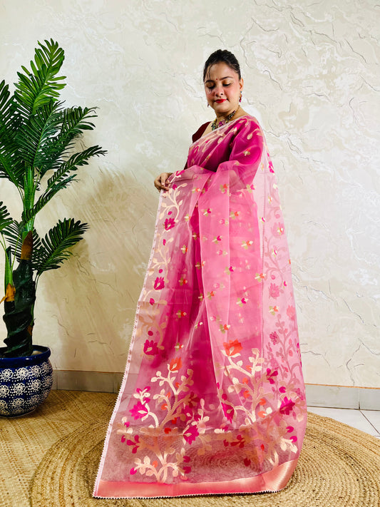 A woman models a vibrant pink organza saree with floral embroidery and gold zari detailing, standing in front of a textured beige wall next to a potted green plant.