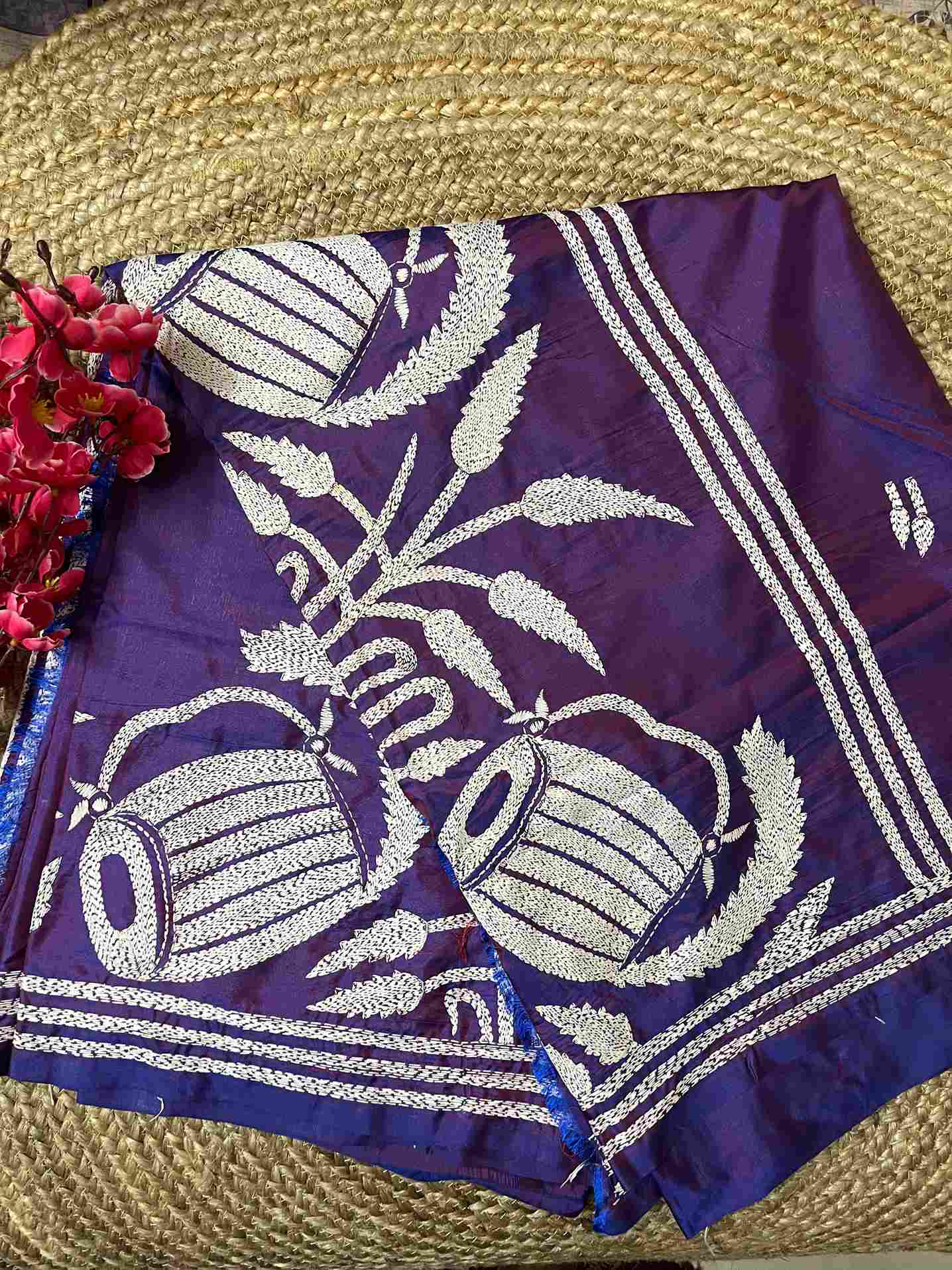 Kantha Stitch Saree – Blended Bangalore Silk with Kash Phul & Dhak Design | Desi Aadat