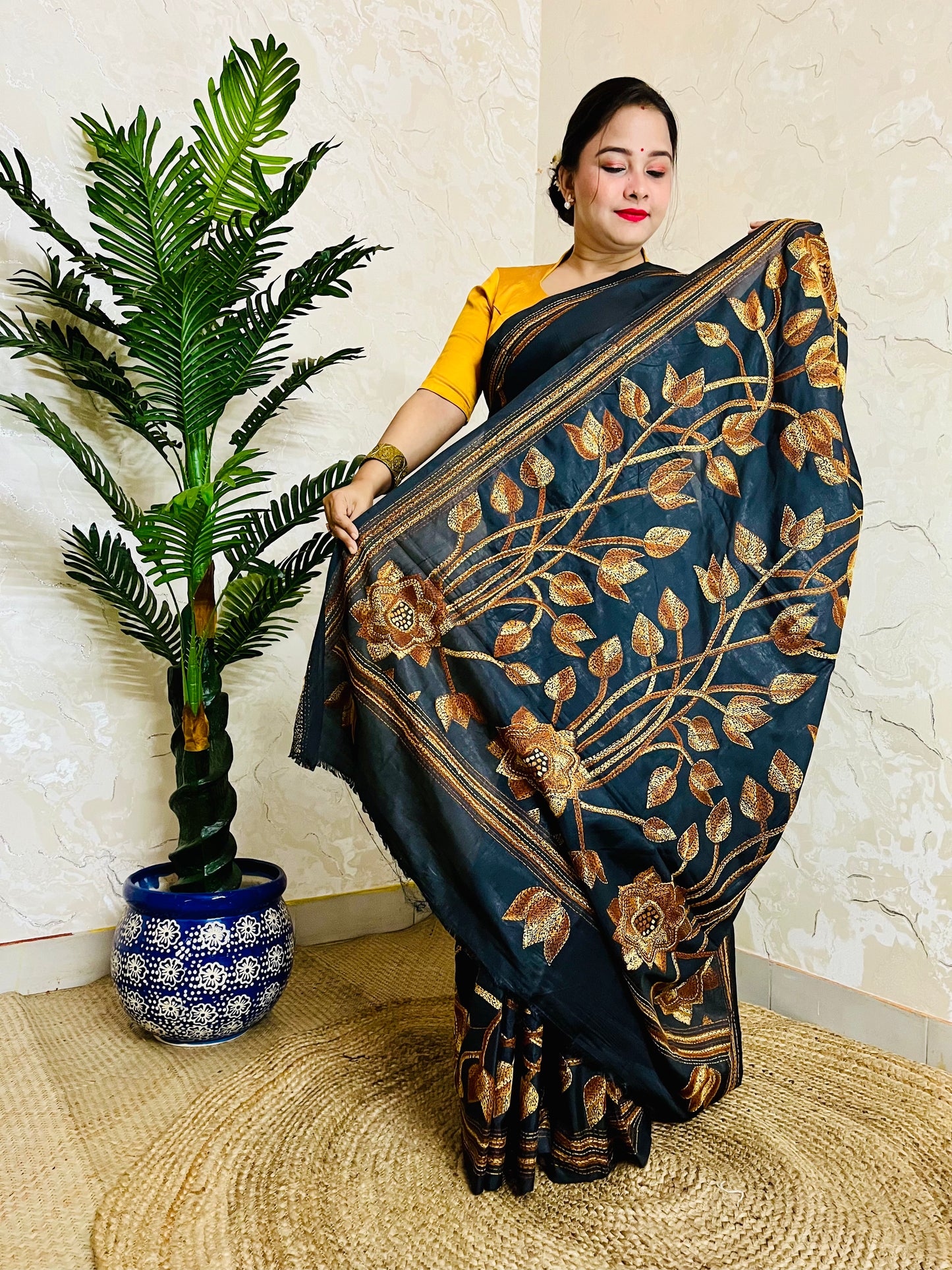 Black Kantha Stitch Saree with Floral Motif