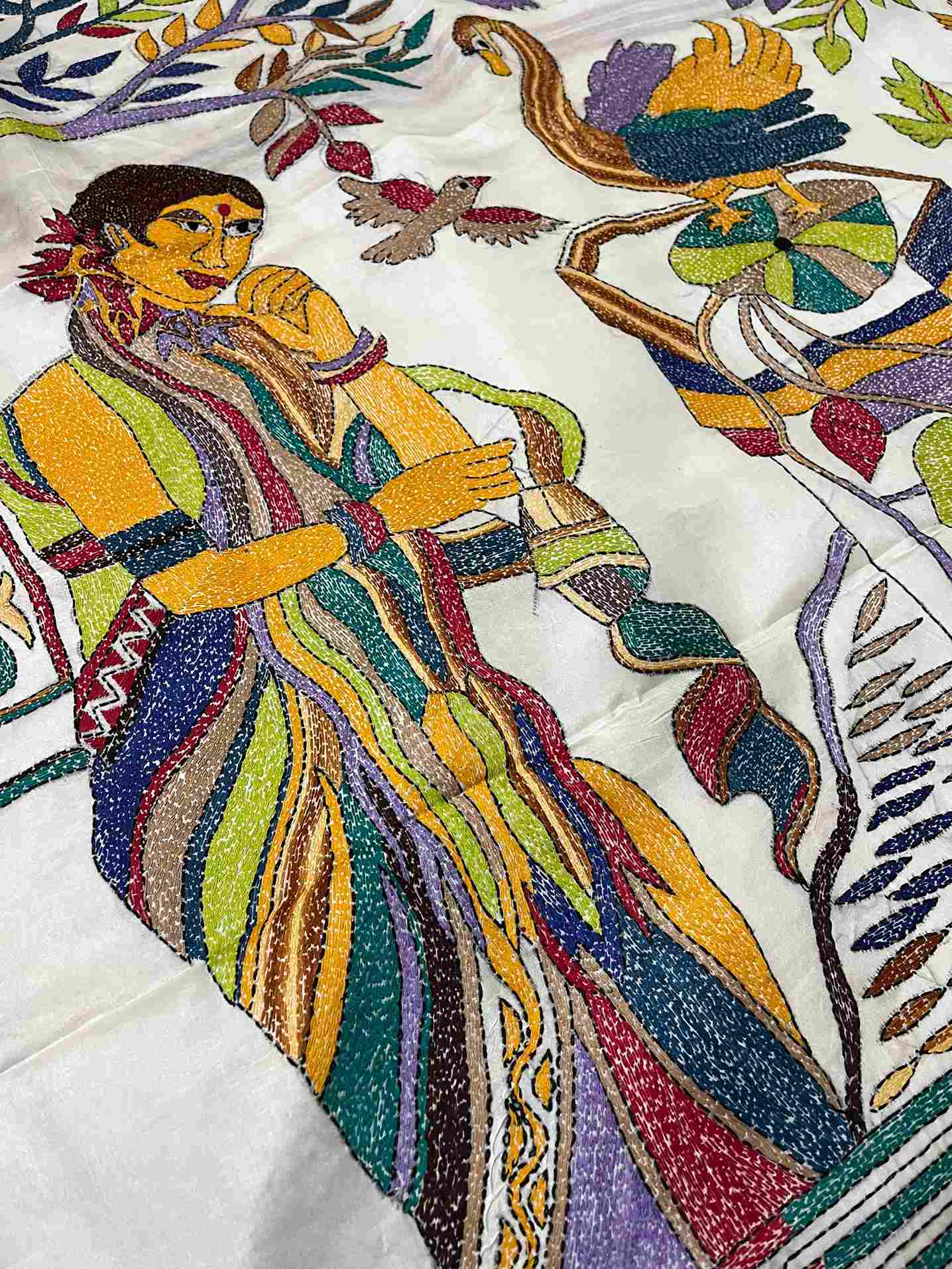 Kantha Stitch Saree – White Bangalore Silk with Handwoven Human & Duck Motif Embroidery