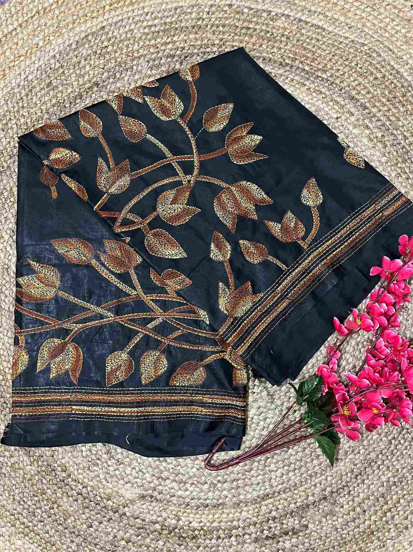 Kantha Stitch Saree – Black Bangalore Silk with Handwoven Embroidery