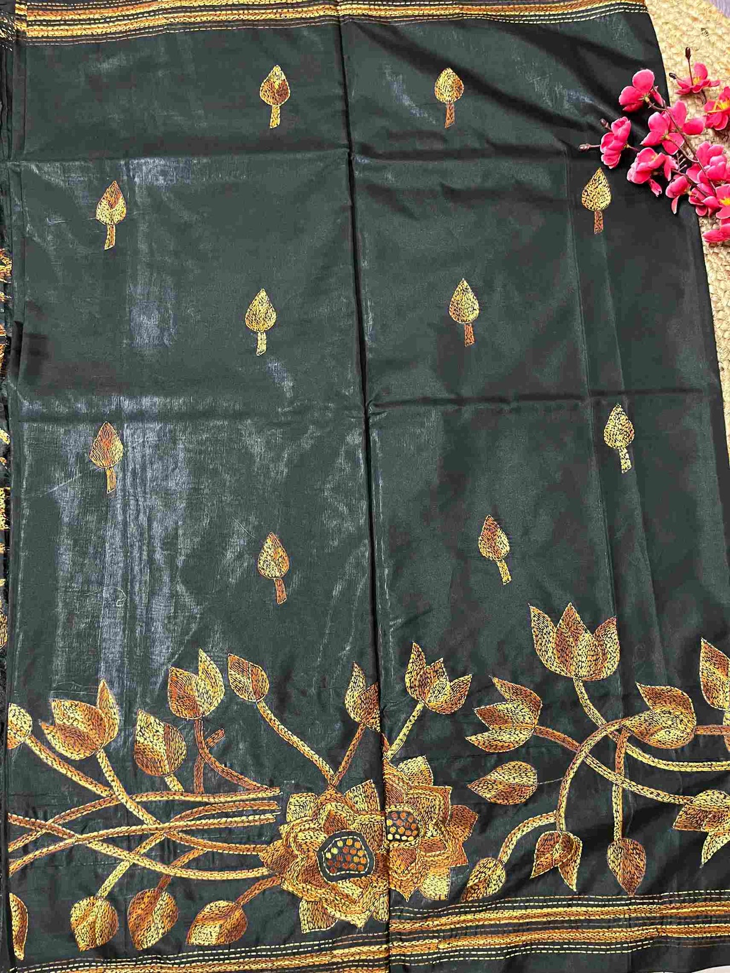 Woman in Desi Aadat Kantha Stitch Saree showcasing party look with saree – best ethnic wear for women