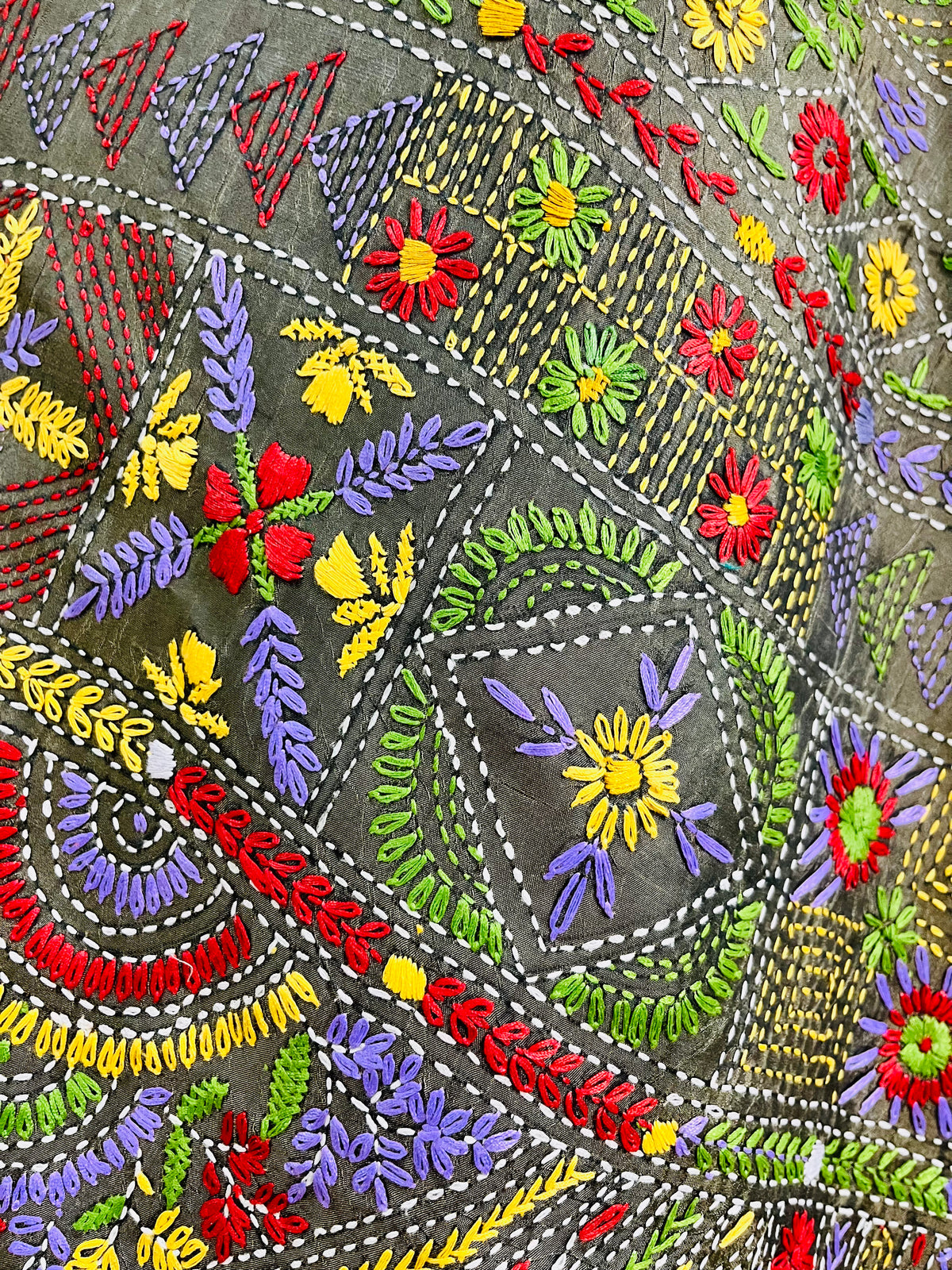 Close-up of dense floral Lambani hand stitch embroidery on moss green silk