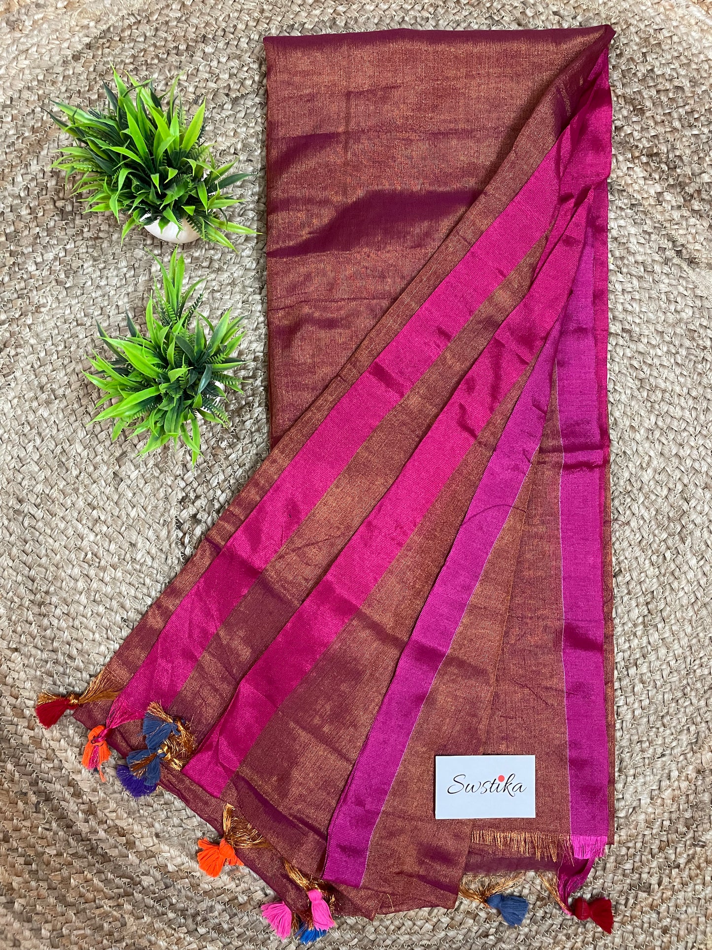 Handwoven Linen Saree with Red Zari in Brown Golden – A luxurious ethnic wear by Desi Aadat.