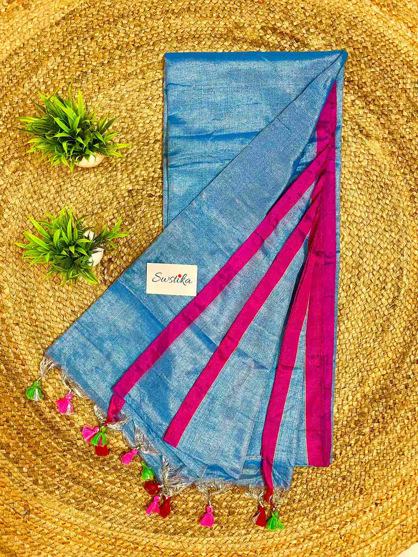 Close-up of Maroon Zari Work on Blue Linen Saree