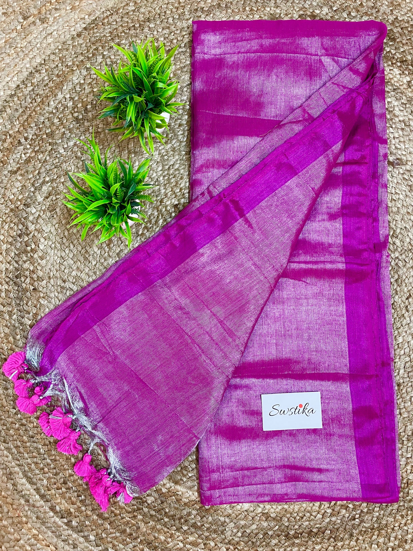 Purple Silver Linen Saree with Pink Zari by Desi Aadat