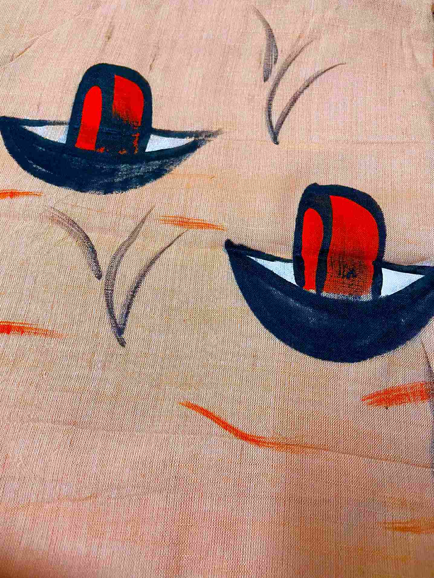 Peach mul-cotton saree with hand-painted Nauko design – Limited edition handcrafted saree.