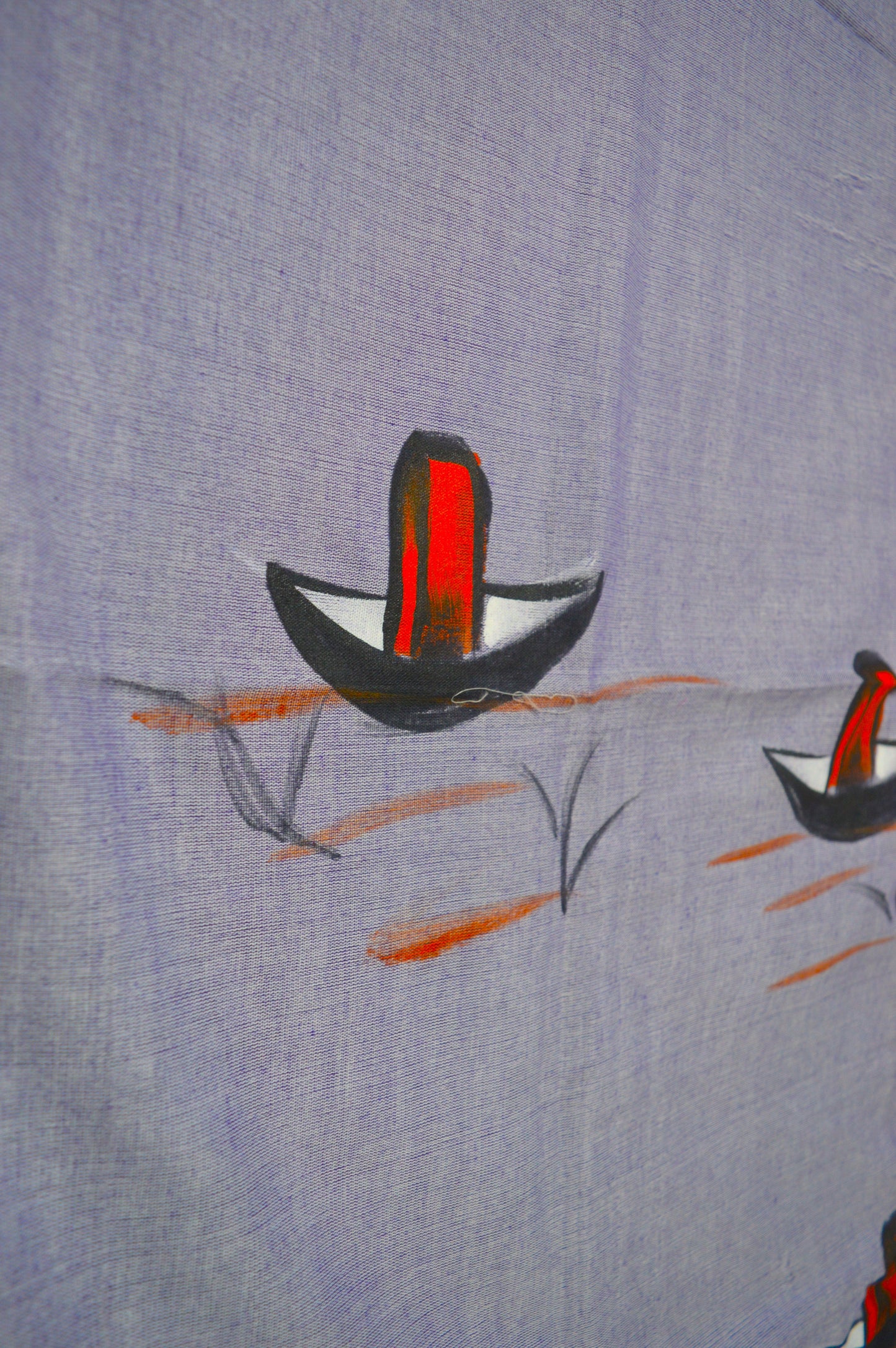 Close-up of hand-painted Nauko design on Violet Blue mul mul cotton saree