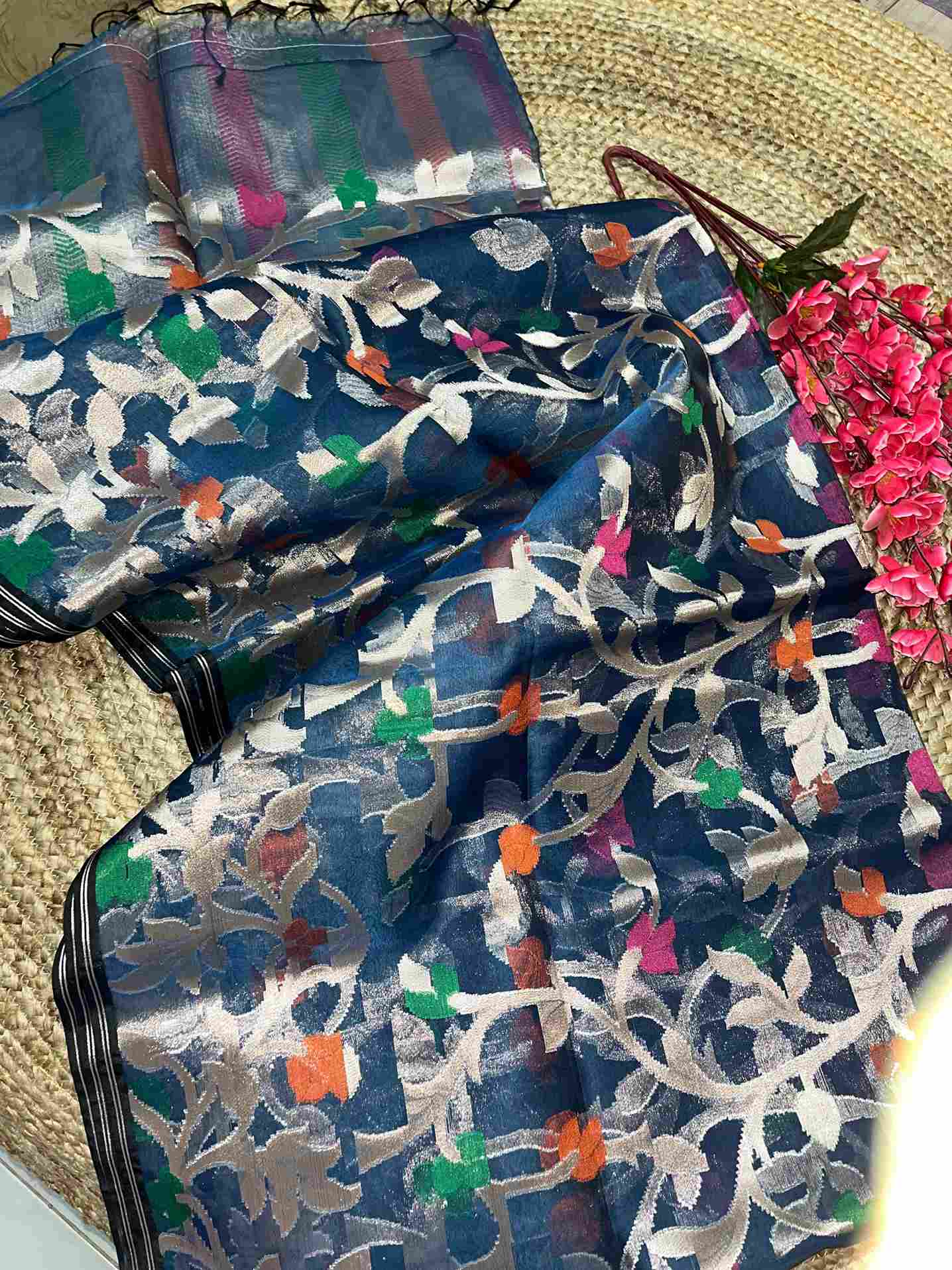 Woman Draped in Blue Resham Silk Muslin Jamdani Saree - Traditional Look