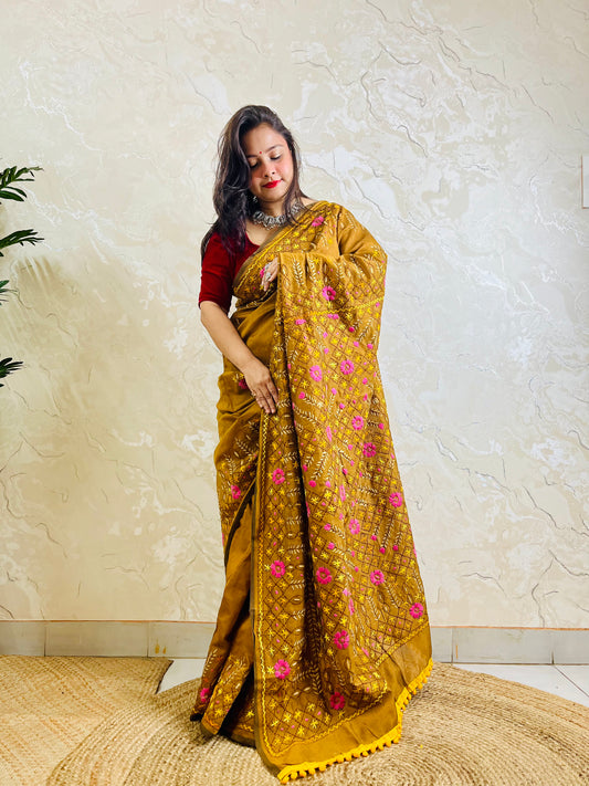 Heirloom-grade golden brown Parsi Gara all-over Jali handwork Chanderi silk cotton saree with full body embroidery — standing front view, Desi Aadat