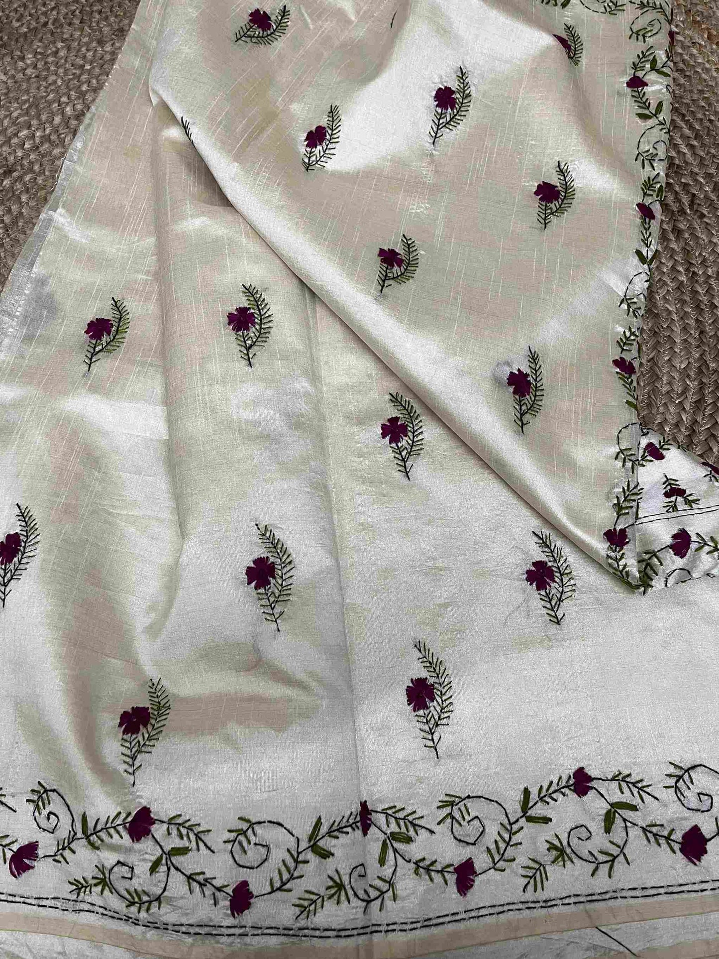 Intricate hand embroidery for saree on Off White Semi Tussar Silk fabric