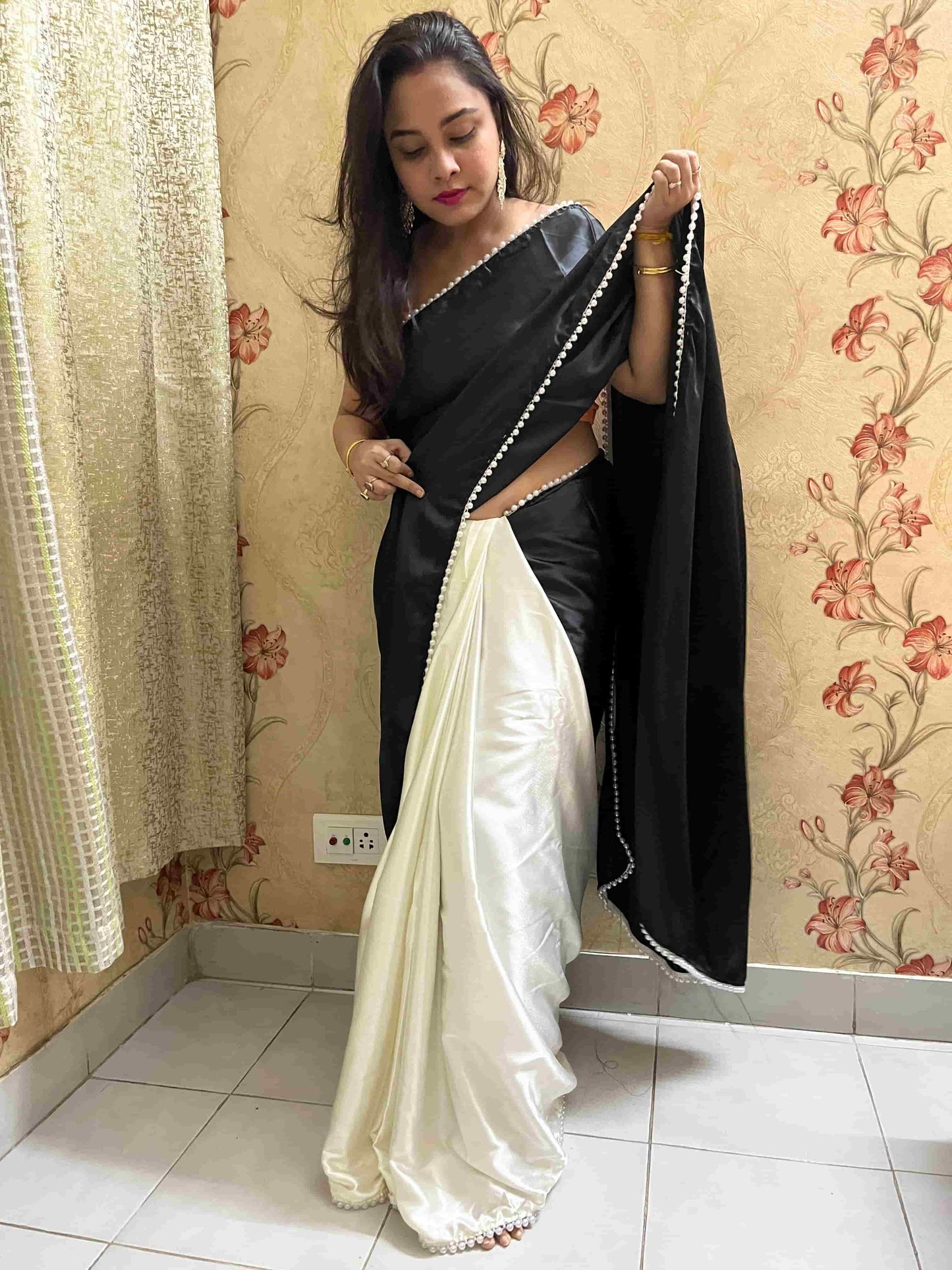 Black Pearl Satin Silk Saree – Timeless Elegance & Luxury