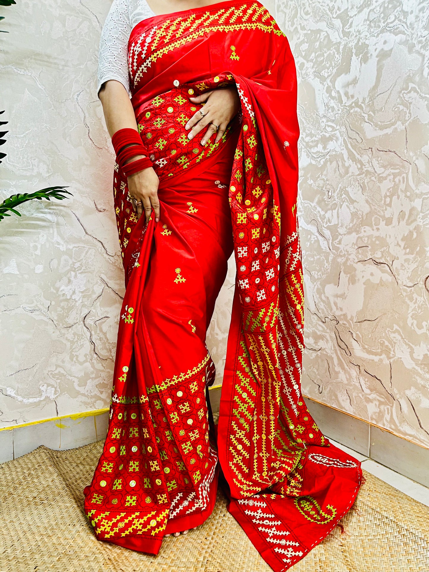 Red Gujarati Stitch Saree with green yellow white Kutch hand embroidery and mirror work by Desi Aadat