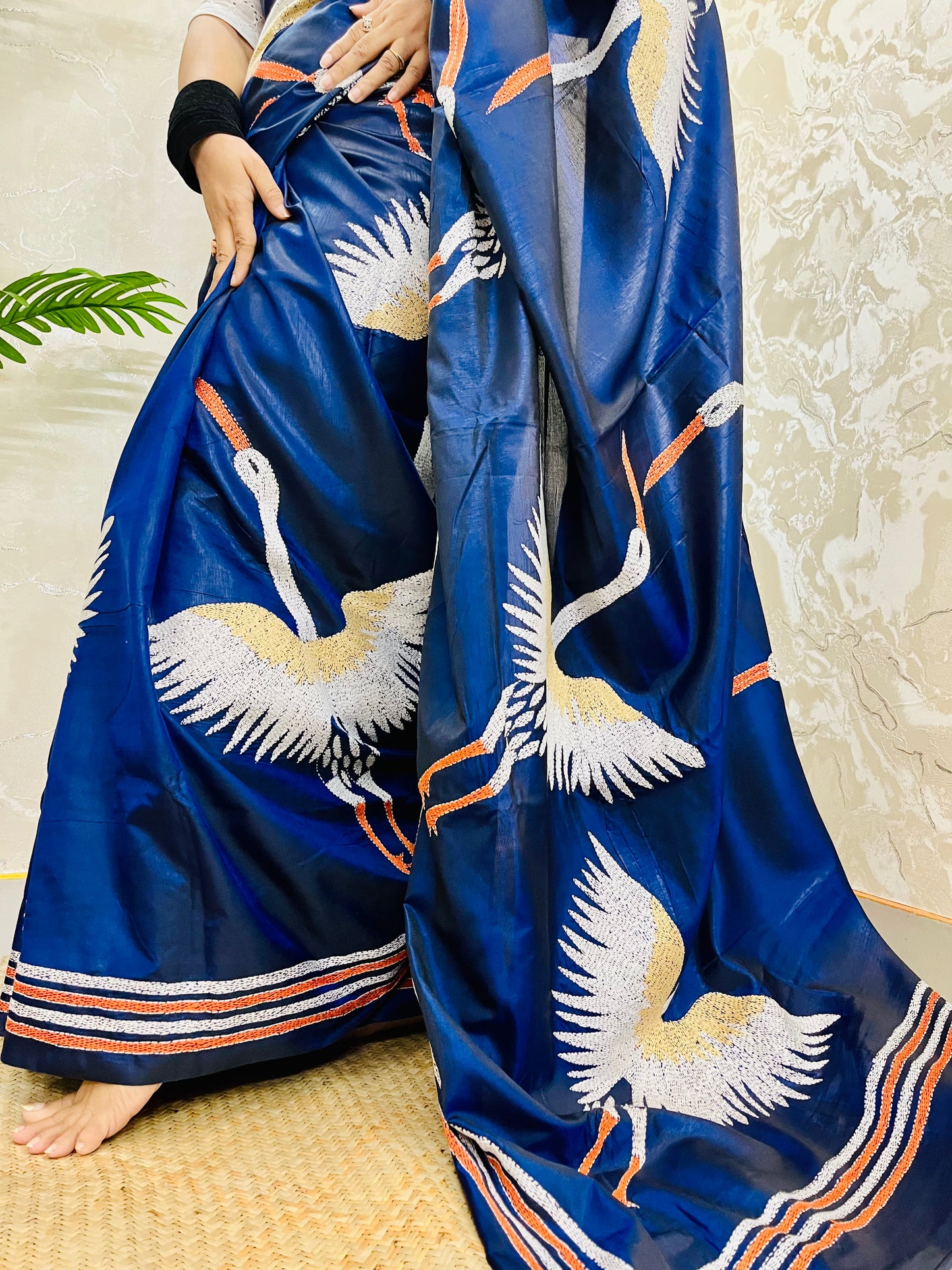 Royal Blue Crane Motif Kantha Stitch Saree