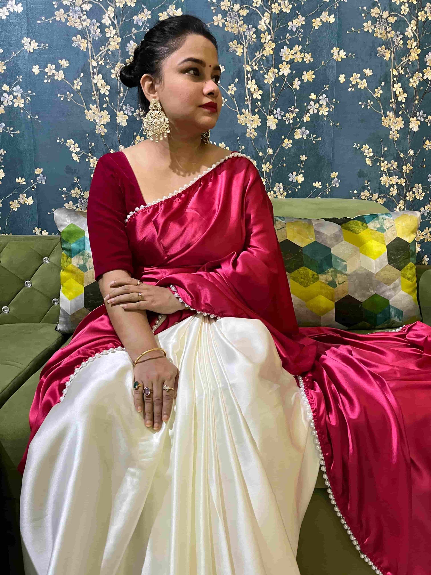 Stylish woman in Red satin silk saree showcasing Desi Aadat’s handwoven design